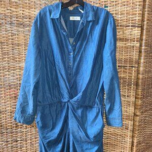 Mih Jeans Blue Denim Dress Shirt Dress Collared Button Gathered Front SZ L